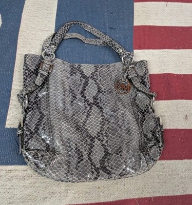 Michael Kors Bag Purse Faux Reptile Snake Hobo Slouch Shoulder Tan MK Charm Logo