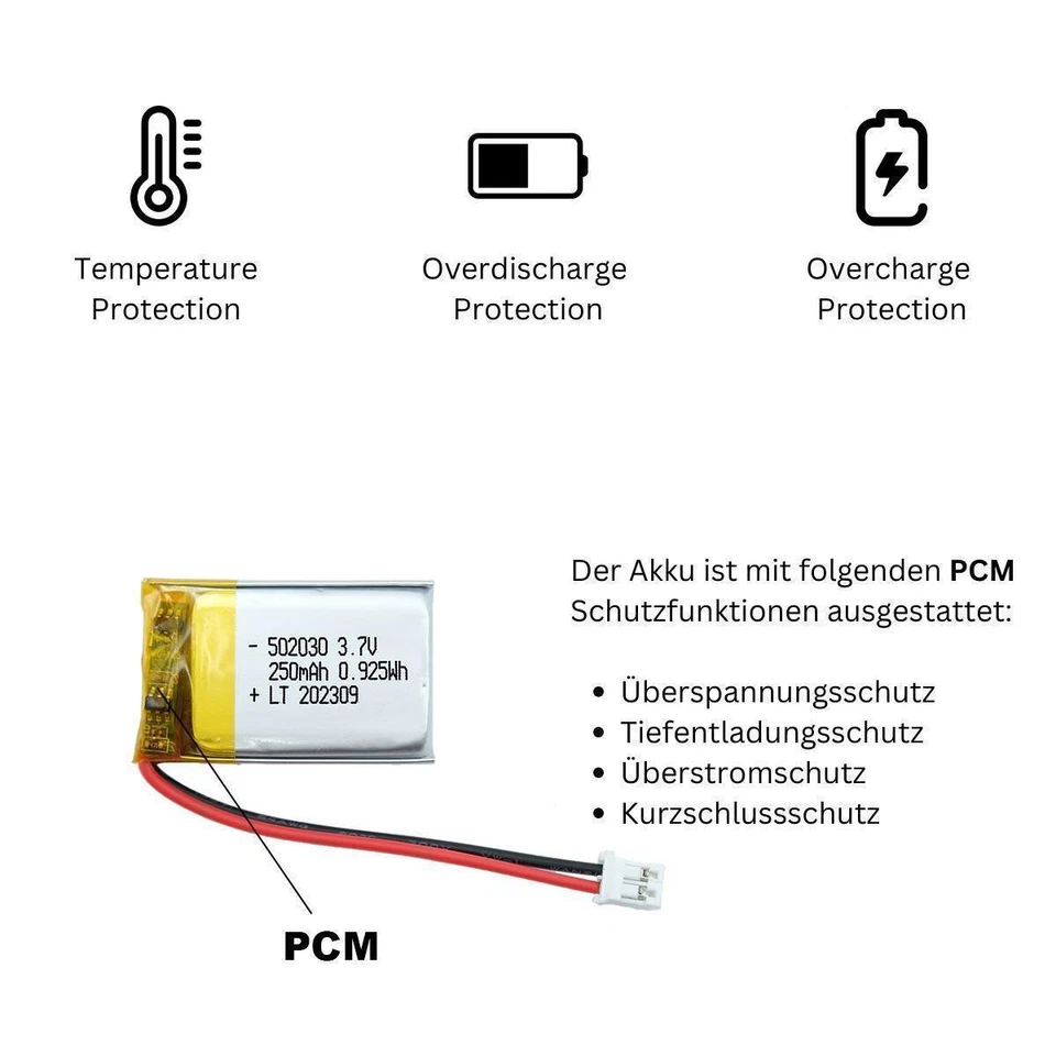 502030  3,7 Volt Akku  250  mAh LiPo Maße:L 30mm B 20mm T 5mm  JST PH2.0 Stecker - Bild 4 von 4