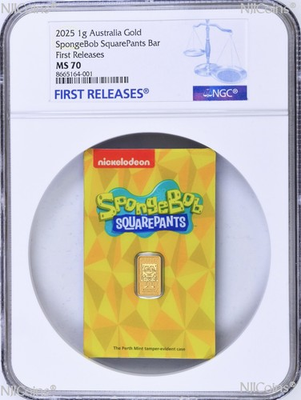 #ad 2025 SPONGEBOB SQUAREPANTS 1g .9999 Gold Perth Mint Minted Bar NGC MS 70 FR $600.00