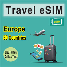 eSIM Orange Europe Travel SIM Card, 20GB 30 Days, Unlimited Calls 200 Text