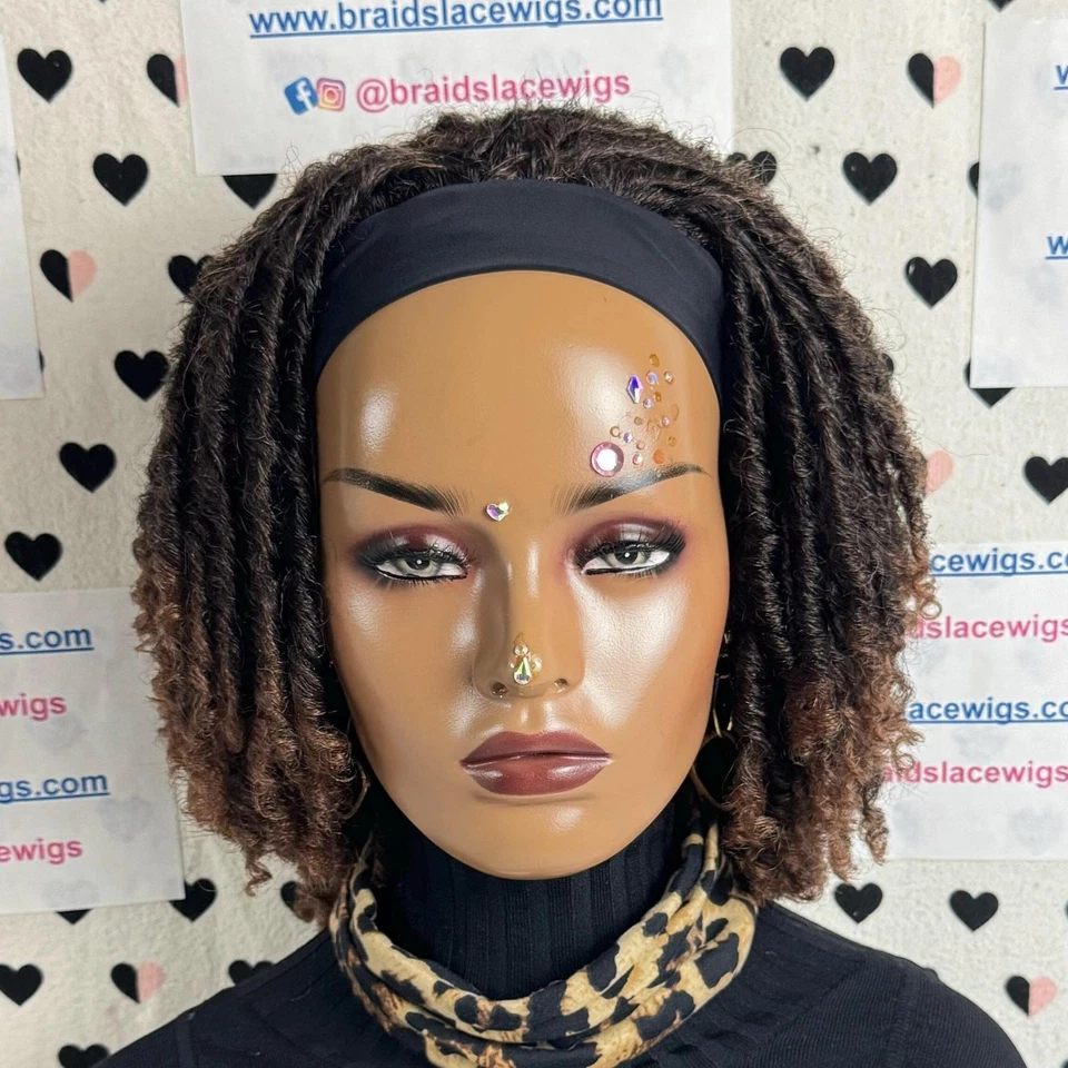 Short Faux Locs Headband Dreadlock Synthetic Afro Twist Braided Wigs Brown Foto 2 de 4