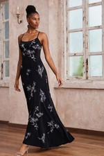 Adrianna Papell Evening Sz 8 Black Silver Floral Applique Maxi Gown Luxury Chic