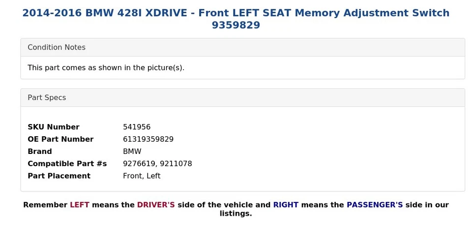 2014-2016 BMW 428I XDRIVE - Interruptor de ajuste de memoria del asiento delantero izquierdo 9359829 Foto 4 de 4