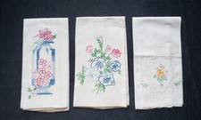 3 Lot Unused Vintage Hand Floral Embroidered Guest Towel Tea Fingertip Cottage