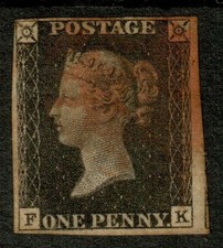 GB  QV 1840 Penny  , (FK) ,4 MARGINS FINE Used Red  Malt.Cross Cancel