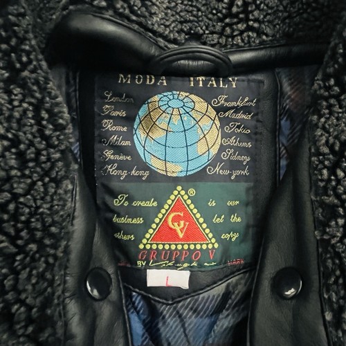 Men’s Moda Italy Gruppo V Black Leather Jacket Y2K With Detachable Fur Collar - Picture 4 of 8