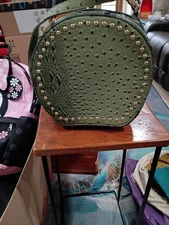 Dasein Green Studded Ostrich Embossed Circle Handbag