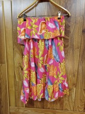 Bright Pink Floral Tropical Strapless Beach Dress Ruffle Top Womens Sz Small