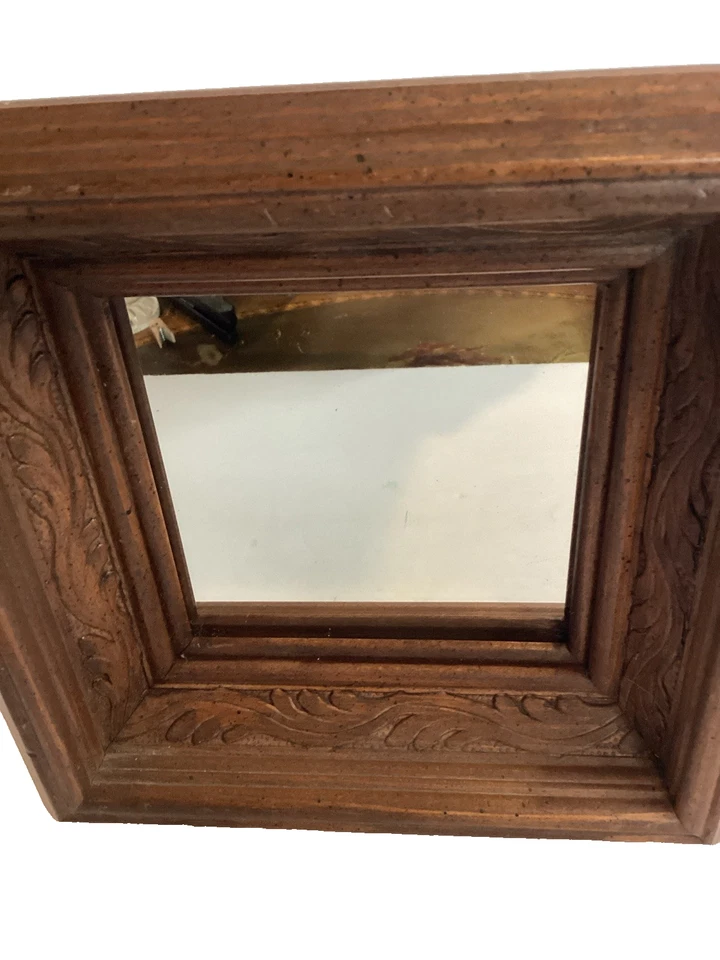 "Espejo de pared de galería vintage tallado cuadrado de madera retro Boho Cottage Core 8""" Foto 3 de 4