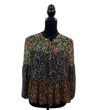 MNG Mango Women's S Black Floral Tiered Blouse Lace Up Front Patchwork Sheer