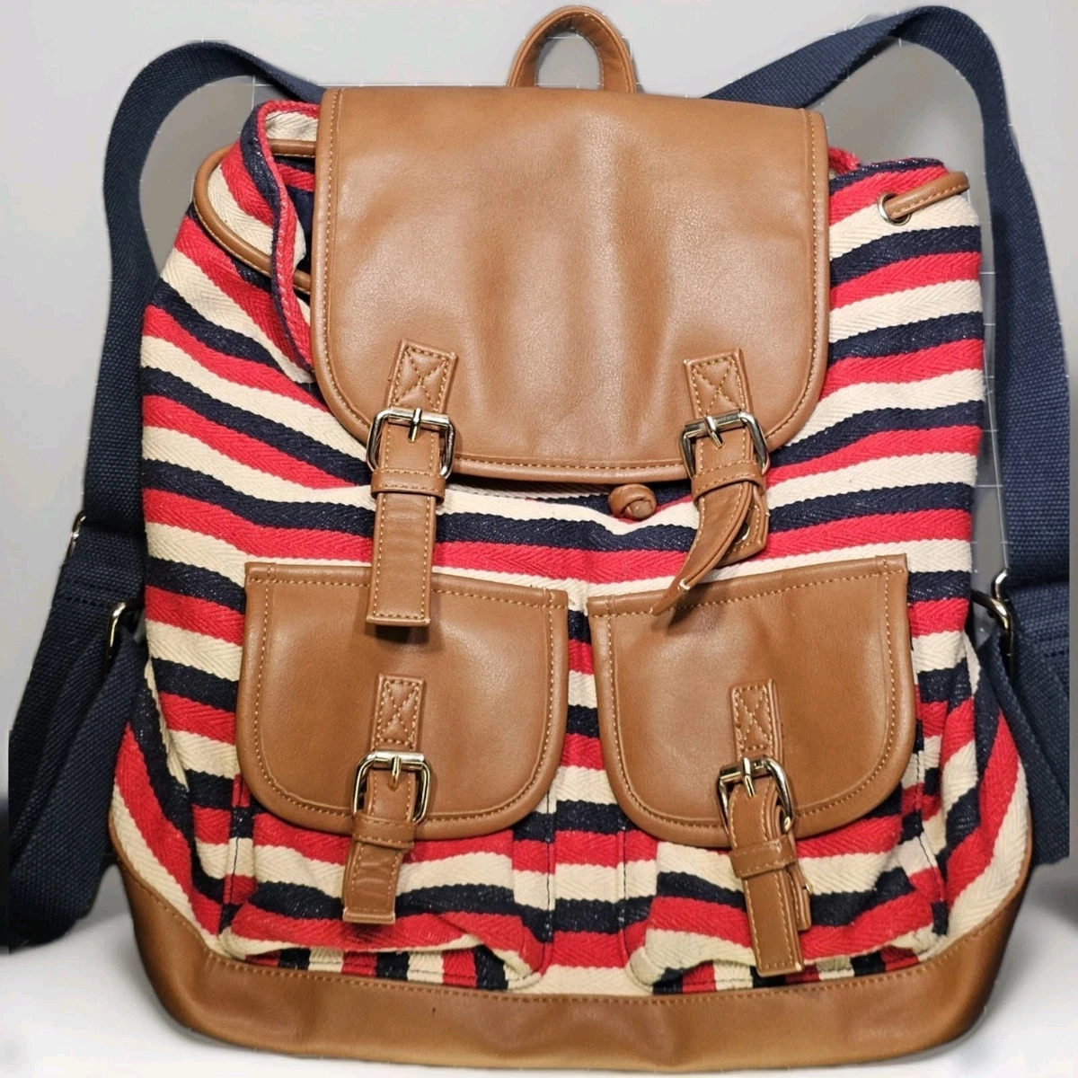 CHARMING CHARLIE BACKPACK PATRIOTIC RED WHITE & BLUE & FAUX LEATHER TRIM Red Faux Leather Backpack Charming Charlie | Mercari main image 3