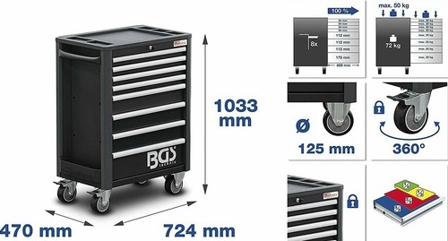 CARRELLO PORTAUTENSILI CASSETTIERA 8 CASSETTI PORTA 234 UTENSILI ATTREZZI BGS - Foto 2 di 12