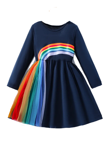 New Girls 7 Navy Long Sleeve Rainbow Stripe Silky Soft Tulle Dress