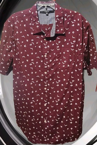 Men's XXL Carbon Maroon Button Down Short Sleeve Shirt Bird Printed