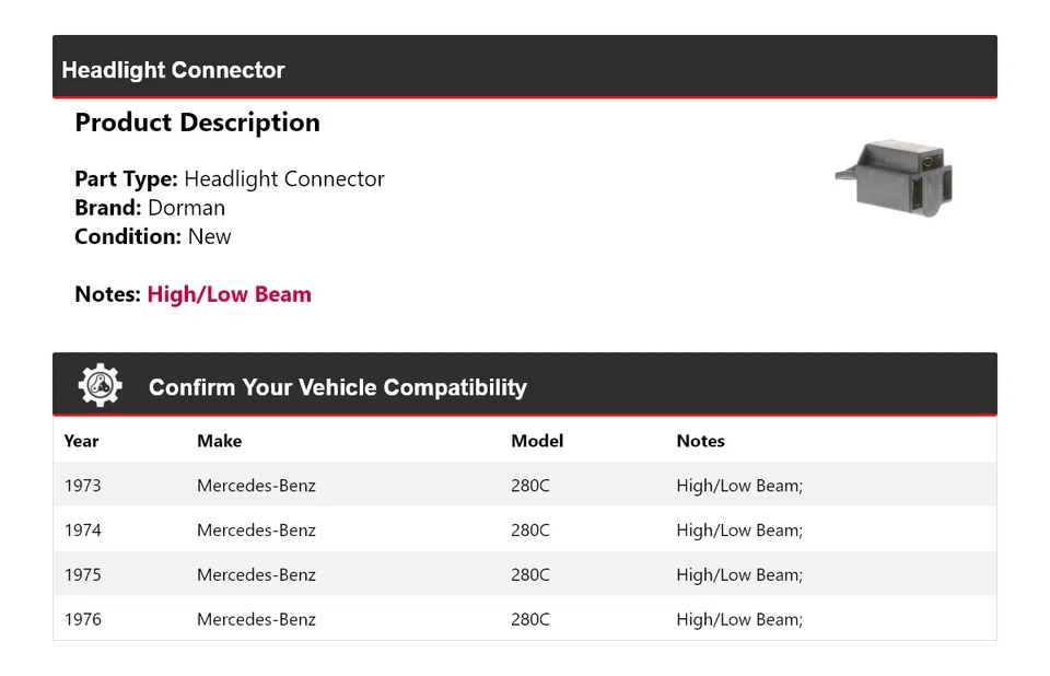 Conector de faros Dorman 1974 1975 para Mercedes-Benz 280C 1973-1976 Foto 2 de 4