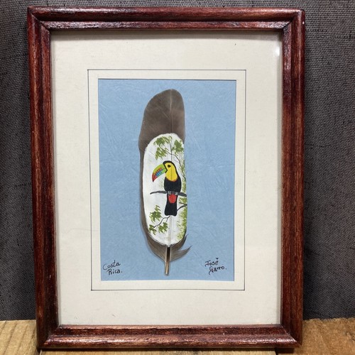 Vintage Painting Parrot on a Feather Costa Rica Jose Garro Framed Art Signed