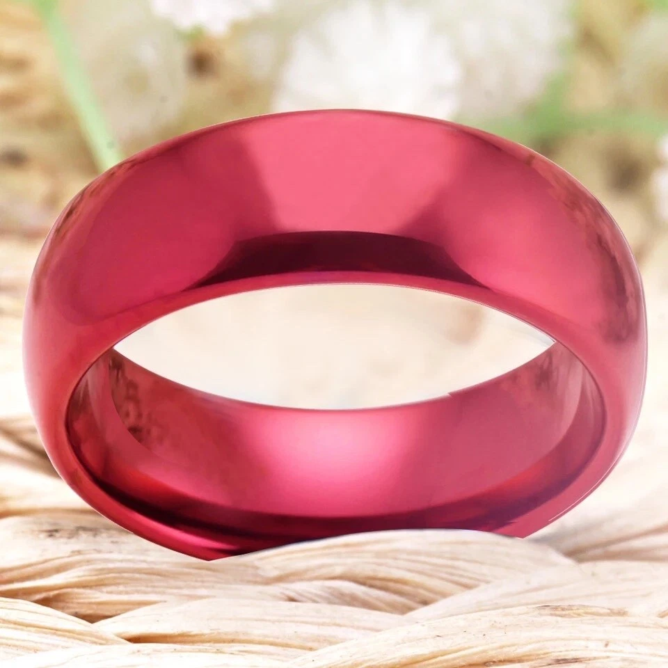 8mm Red Dome Tungsten Carbide Wedding Band Ring Red Polished Comfort Fit - Image 2 of 4