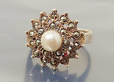 Vintage Sterling Silver Marcasite Pearl Round band Ring size 6