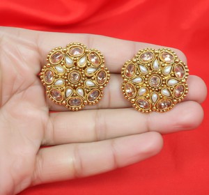 Bollywood Indian Ethnic Antique Gold Tone White Stone Stud Tops Earring Jewelry Ebay