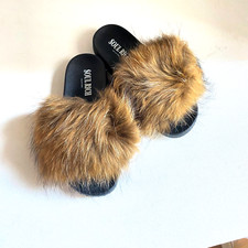 Brown Fur Real Fur Fluffy Slides NEW 10