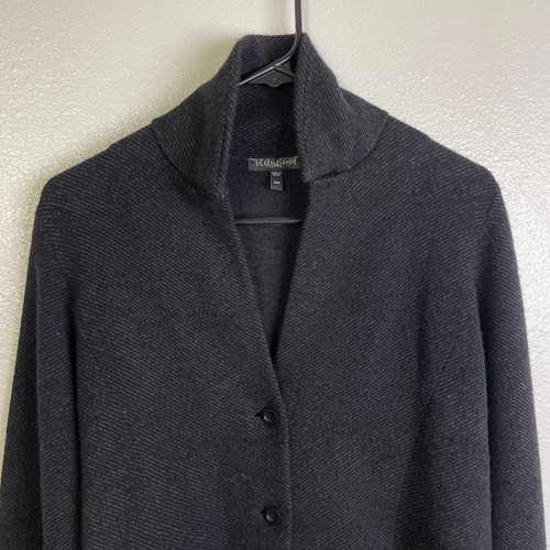 Eileen Fisher Black Cardigan Sweater Petite Medium Womens Knit Wool Blend Button - Picture 3 of 9