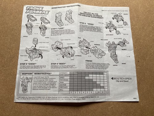 Transformers G1 1989 Monstructor instructions sheet manual - 第 1/2 張圖片