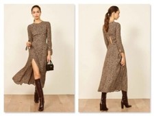 REFORMATION Brown Black Bengal Leopard Print Zelda High Slit Midi Dress 10 = L