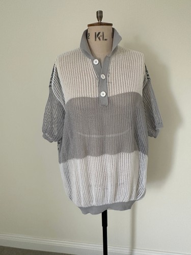 Raf Simons Striped Open-knit Oversized Polo Shirt In Light Grey - Size Medium - Picture 7 of 12