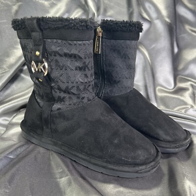 Michael Kors Yancy Booties Girls Sz 13 Black MK Logo Faux Fur Boots Winter  Warm