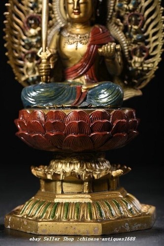 Old Tibet Copper Gilt Painting Wenshu Manjushri Buddha Hold Sword Lotus Statue - Picture 5 of 9