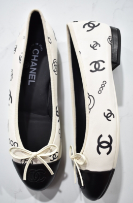 Chanel 23P White Black CC Coco Logo Cap Toe Bow Tie Ballet