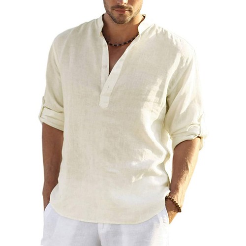 Mens Cotton Long Sleeve Shirt Solid Loose Blouse Button Down Tops T Shirt - Picture 31 of 31