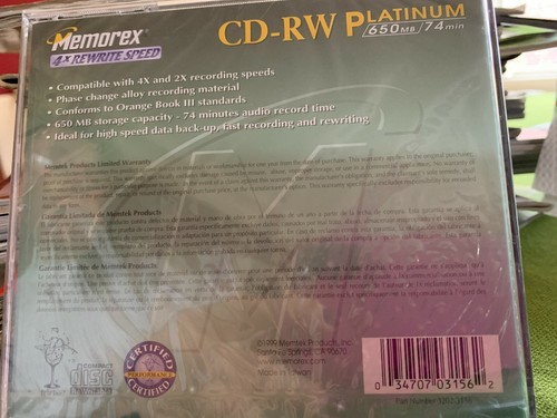 Memorex CD-RW Compact Discs 650 mb 74 Minute 4x rewritable Lot 3 NEW - Afbeelding 3 van 3