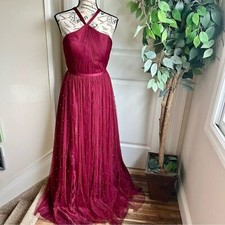 Weddington Way Halter Pearl Beaded Tulle Gown Burgundy Sz 6