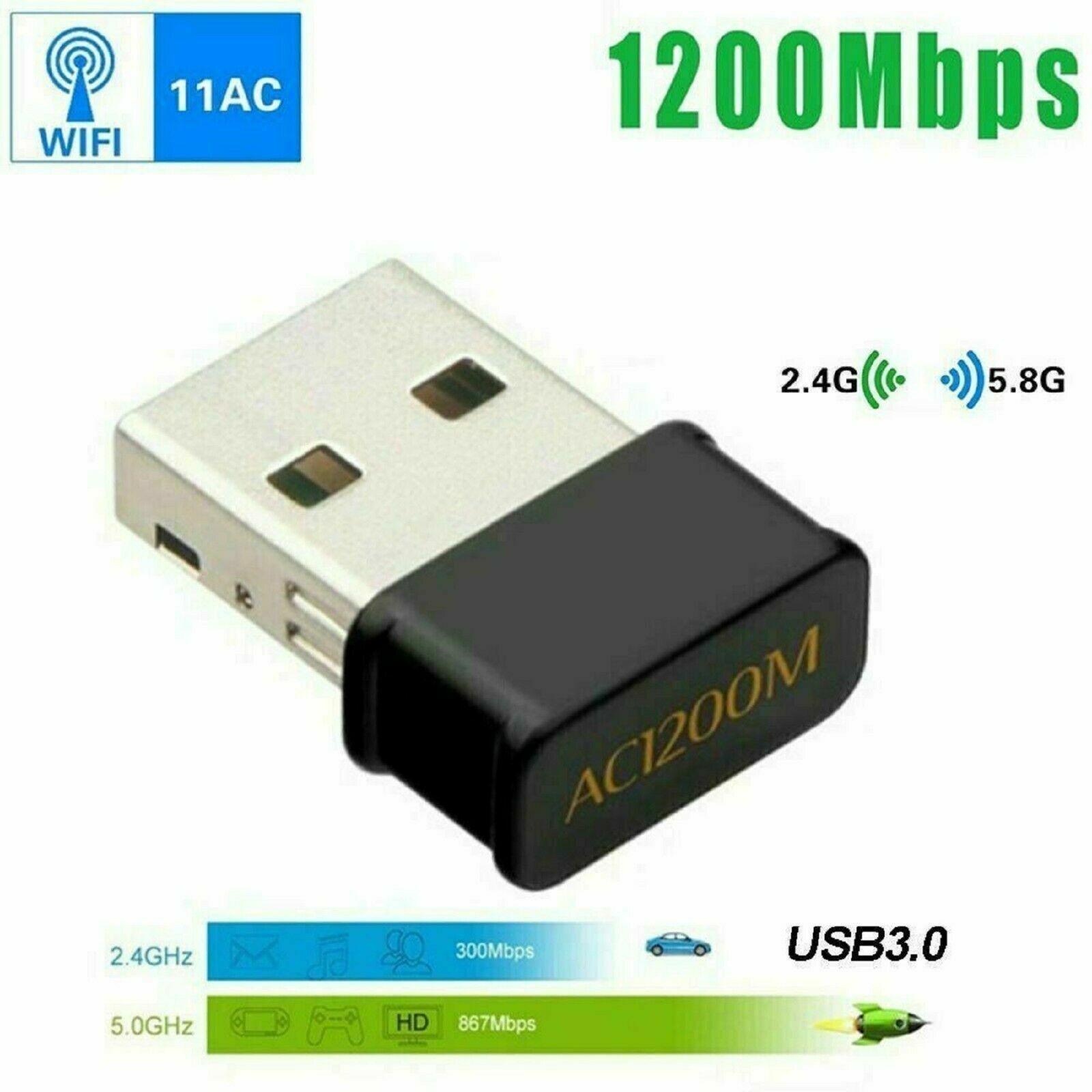 Wireless Lan USB PC WiFi Adapter Network 802.11AC 1200Mbps Dual Band 2.4G / 5G