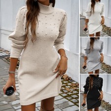 Women Knitted Dress Long Sleeve Pullover Sweater Jumper Casual Pearl Winter