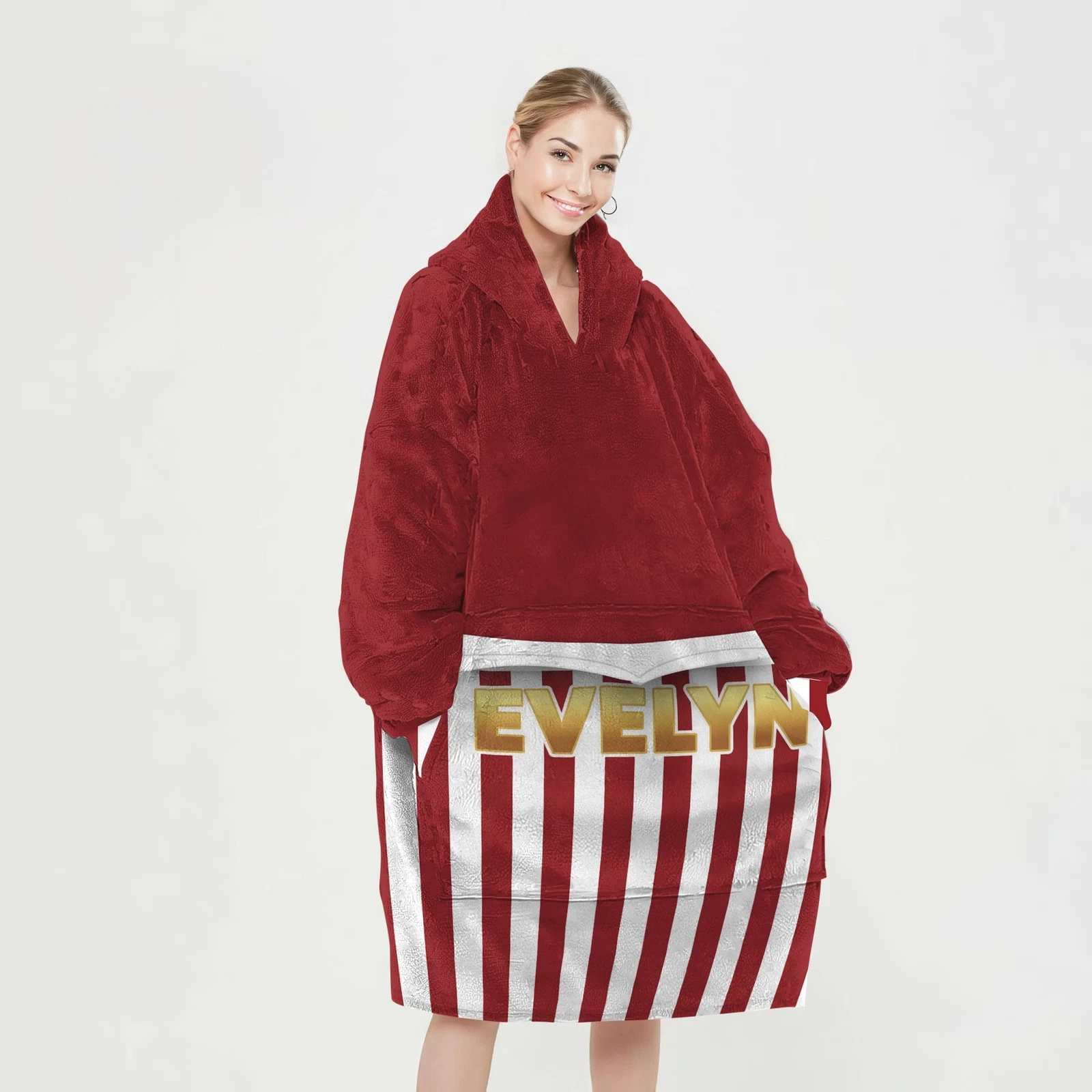 Personalized Blanket Hoodie, Red Christmas Striped Color Block Oversized Blanket Hoodie