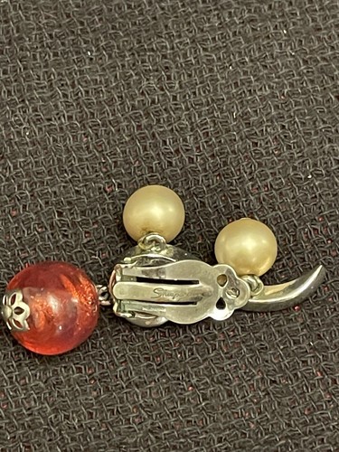 Schiaparelli Signed Vtg Clip Earrings Rhodium Plated Pearls & Amber Drop Beads - Picture 7 of 12