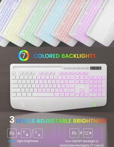 Clavier sans fil avec rétroéclairage 7 couleurs, repose-poignet, support téléphone, rechargea... - Photo 2/8