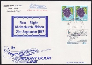 NEW ZEALAND 1987 Mt Cook Airlines first flight cover Christchurch Nelson.E3100