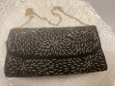 Vintage Black Gold Beaded Evening Bag Chain Strap Hong Kong