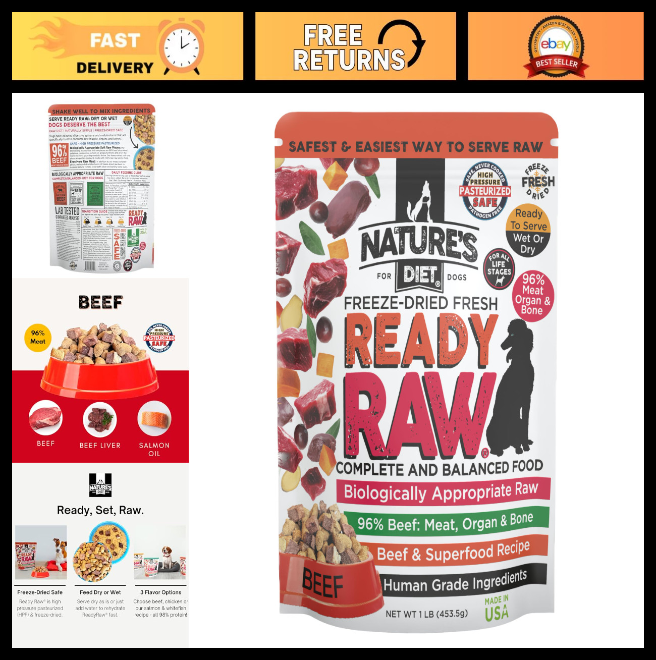- Beef, Human Grade, 96% Meat, Safe & Natural, Dry/wet