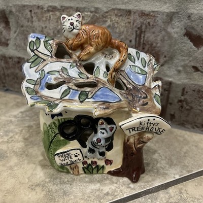 Blue Sky Clayworks ''Kitty's Treehouse'' Ceramic Tea Light Candle Holder 2001