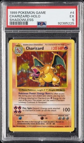 1999 POKEMON BASE SET SHADOWLESS #4 CHARIZARD-HOLO PSA 5