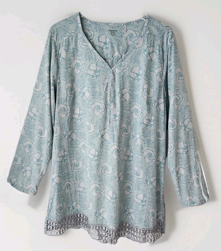Blusa tunica Toad&Co XL verde floreale scollo a V manica lunga spacco pizzo leggero