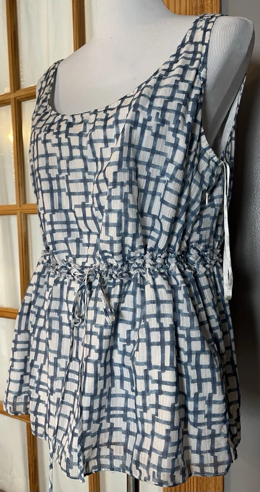 Blusa Y2K Alfani Mezcla Seda Peplum Mujer’s 18W Azul Blanco Cuadros Sin Mangas Foto 2 de 4