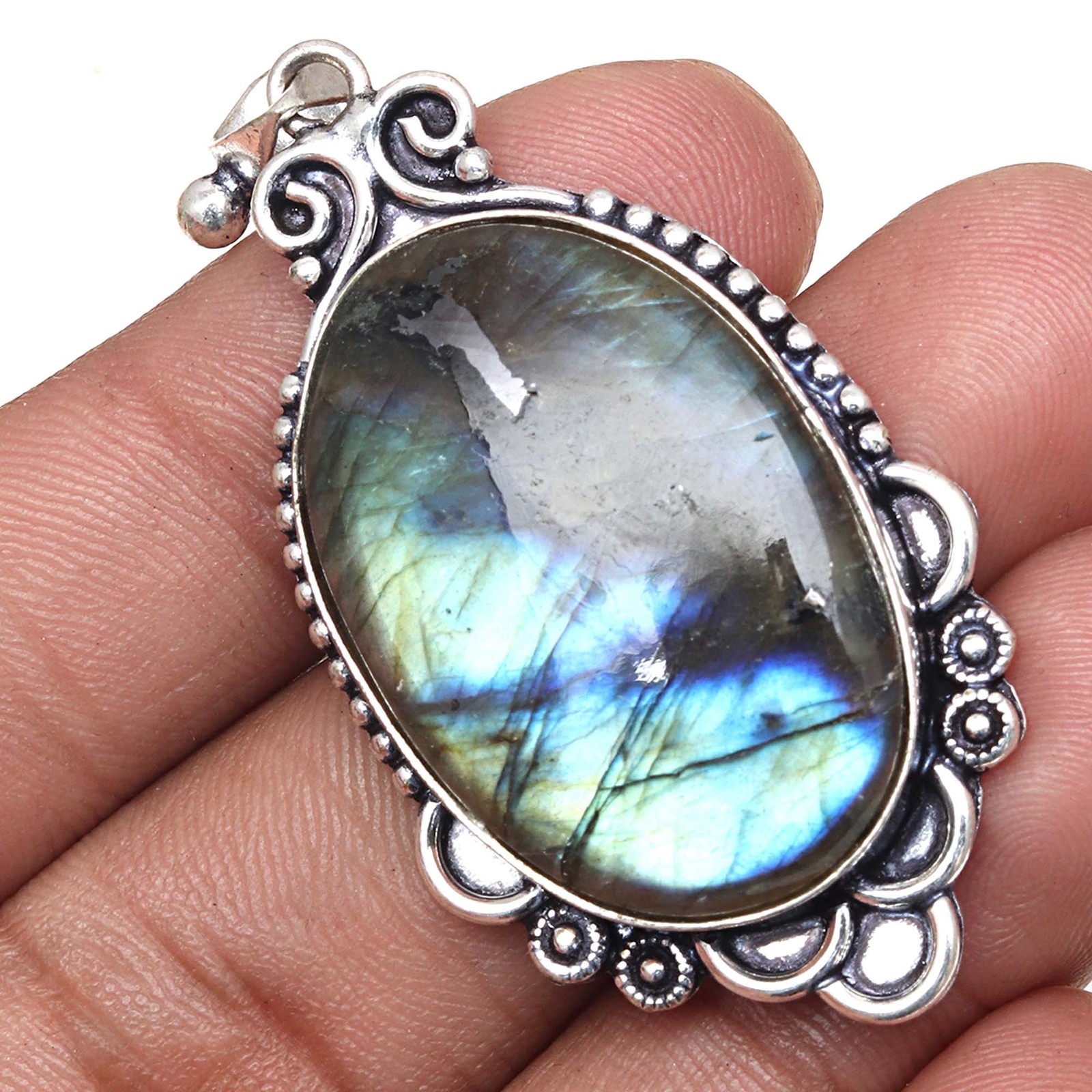 Shiny Labradorite Gemstone Pendant Silver Ethnic Jewelry for Valentine's Day 2 Inch