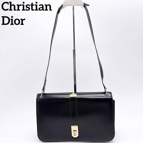 Christian Dior CD Logo Shoulder Bag Leather Black Gold Womens Pre-owned From Jap