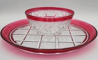 Vintage Indiana Glass 12'' Platter and 6'' Dip Bowl Ruby Flash Gazebo Pattern EUC