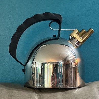 ALESSI Richard Sapper Tea Kettle / Pot ~ Silver ~ Melodic Brass Whistle ~ Italy